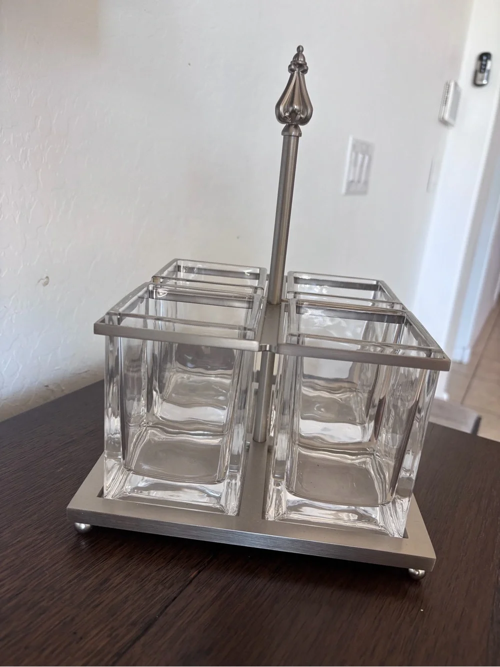 Southern Living Retired Glass 4-Piece Condiment Caddy with Silver Metal Frame